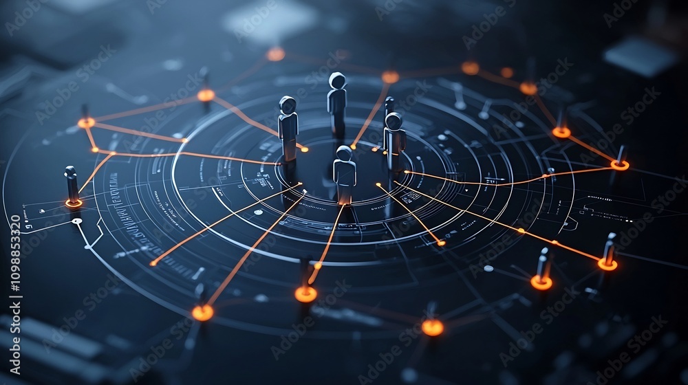 Poster Collaborative Digital Figures Arranged in a Circular Pattern Connected by Glowing Lines on a Black Background Symbolizing Shared Goals and Teamwork