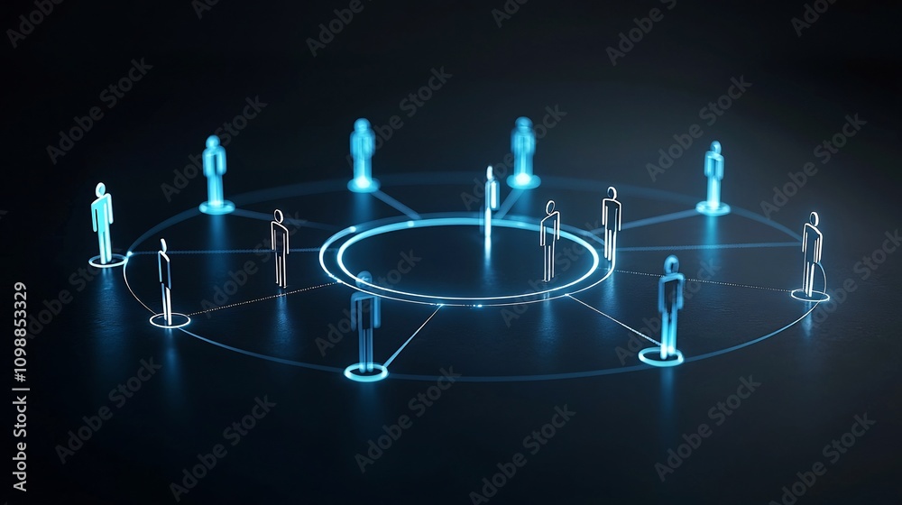 Poster Glowing 3D Figures Forming a Connected Circle on a Sleek Black Background Representing Shared Visions Unity and Among a Corporate or Business Community