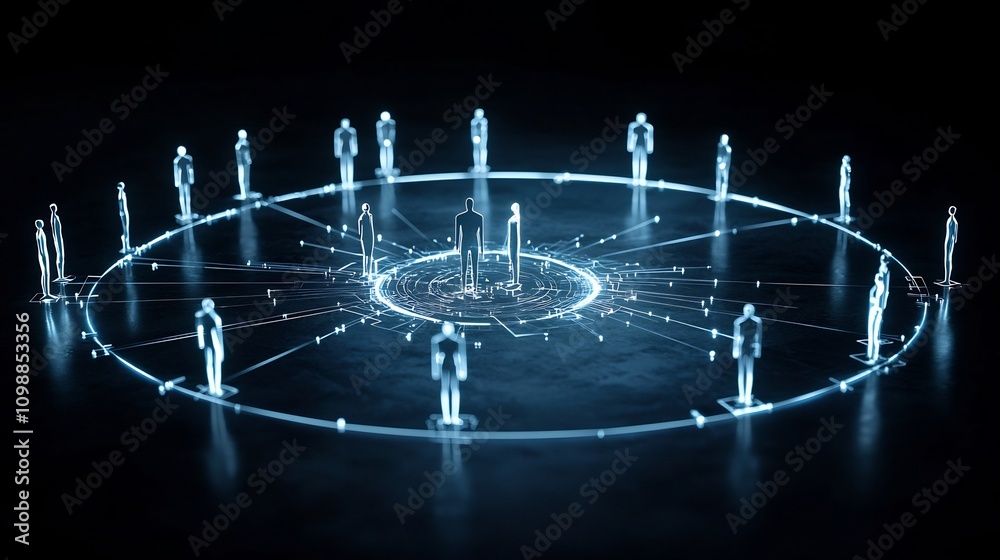Fototapete Interconnected human figures linked by luminous beams in a circular digital art composition on a dark background symbolizing the harmony unity and flow of a connected community