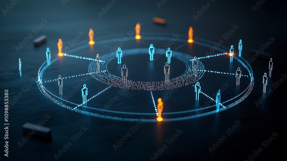 Poster abstract 3d depicting human figures connected by luminous digital light beams arranged in a circular