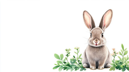 Fototapeta premium soft gray rabbit with pink nose sits among green foliage, exuding gentle charm. This adorable creature is perfect for nature themed designs