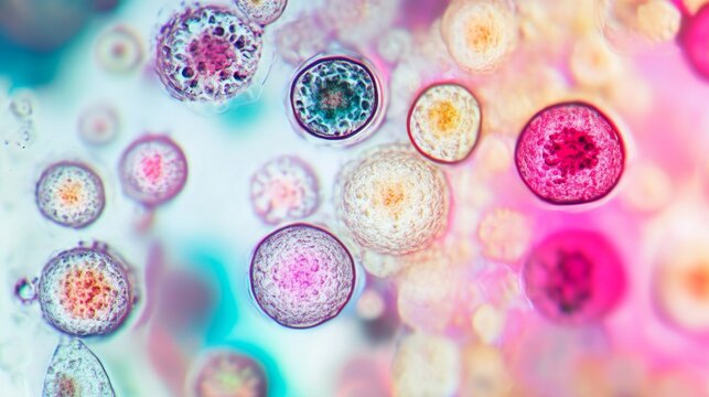 A close-up of bacteria colonies on a microscope slide with a clean background, Minimalist style, photo of