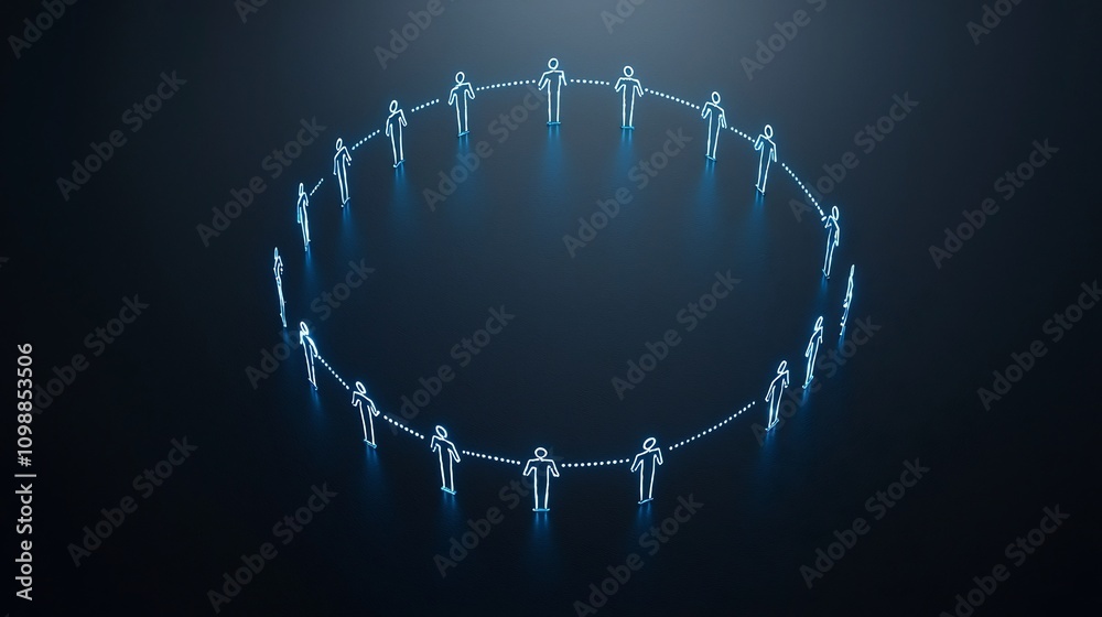 Poster Interconnected 3D human figures with bright luminous lines forming a circular network on a sleek minimalist black background representing technological innovation digital connectivity