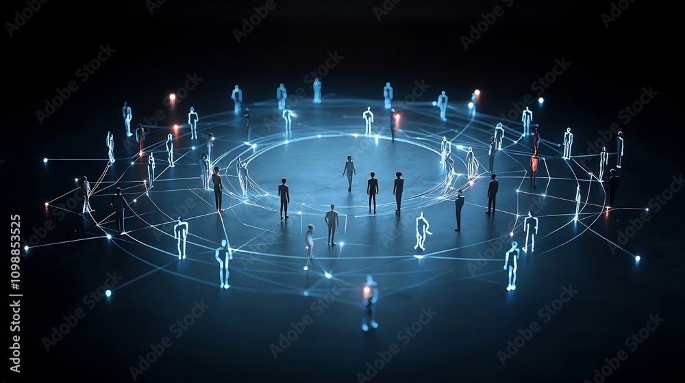 Poster interconnected 3d human figures with bright luminous lines forming a circular futuristic composition