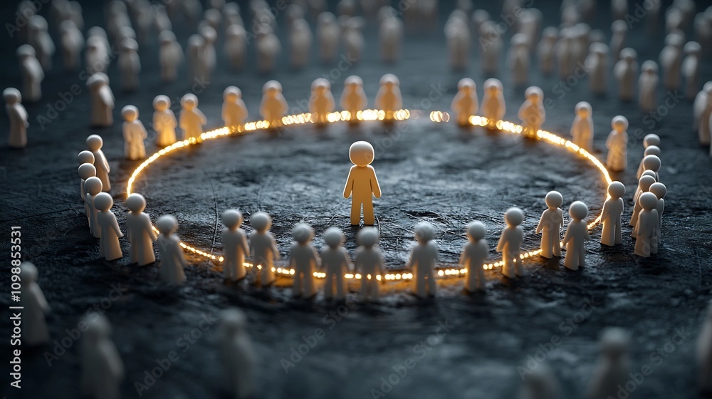 Poster Symbolic digital 3D figures connected in a radiant circular structure over a black backdrop illustrating the concepts of unity shared purpose and collaborative technology