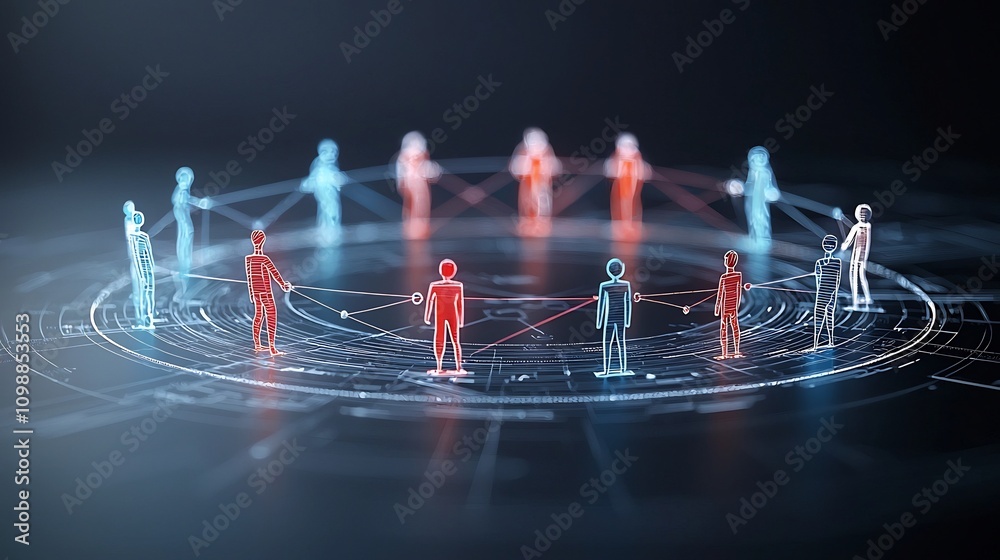 Poster Radiant digital 3D figures interconnected in a symbolic circular structure over a dark backdrop illustrating the concept of unity shared purpose and