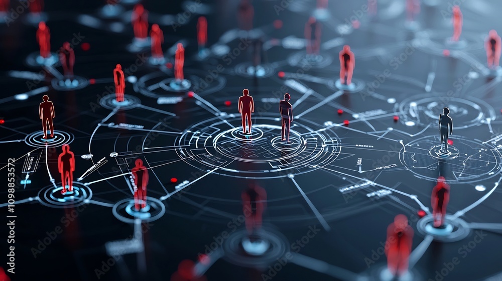 Poster Radiant 3D human like figures interconnected by bright lines forming a circular digital network against a sleek black backdrop symbolizing connectivity communication and technological innovation