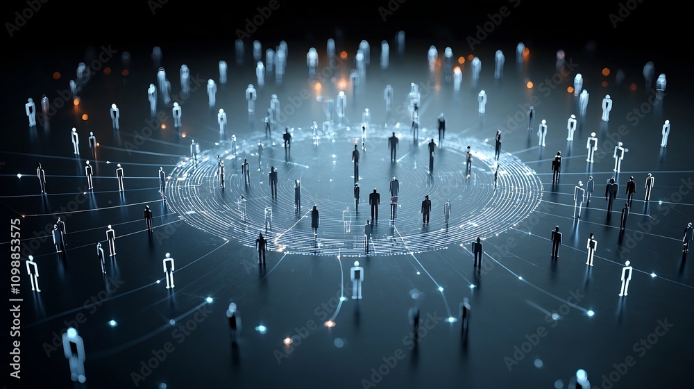 Aufkleber Radiant 3D digital figures linked in a circular structure over a black backdrop representing the concept of shared purpose through technological and conceptual visualization