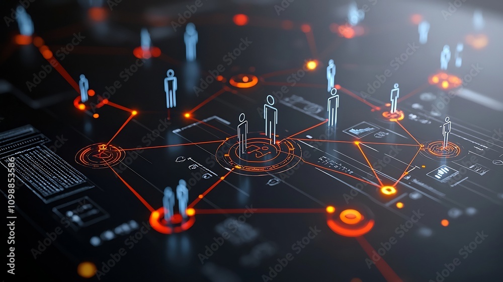 Aufkleber Futuristic rendering of connected 3D figures in a circular network with glowing lines on a dark background representing the and communication of advanced digital systems and intelligence