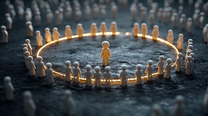 Symbolic digital 3D figures connected in a radiant circular structure over a black backdrop illustrating the concepts of unity shared purpose and collaborative technology