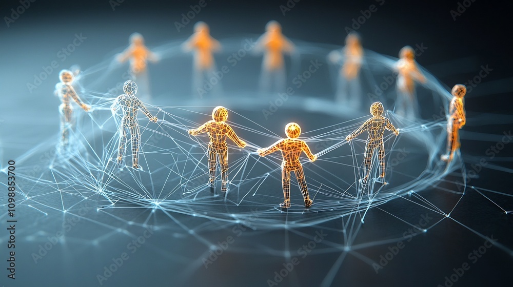 Fototapete rendering of glowing 3D figures in a circular connection with radiant light beams on a seamless dark backdrop creating a futuristic and conceptual digital art composition