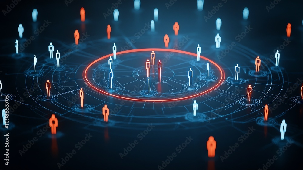 Aufkleber rendering of glowing 3D figures in a circular connection with radiant light beams on a seamless black backdrop creating a futuristic minimalist and visually captivating digital artwork