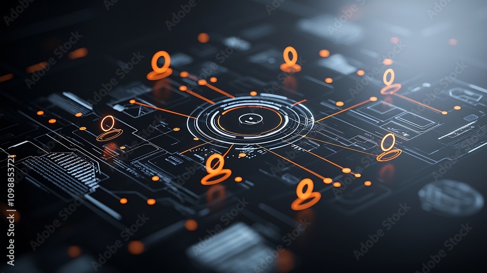 Poster Glowing 3D geometric shapes connected by bright lines on a dark backdrop representing the concept of collective goals teamwork and shared purpose within a dynamic digital network or system