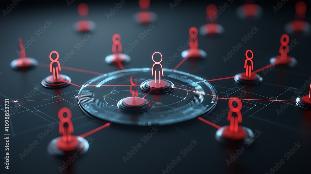 Poster Visually striking abstract composition featuring a circular network of glowing 3D geometric shapes linked by bright lines symbolizing the collective goals of a modern technologically driven world