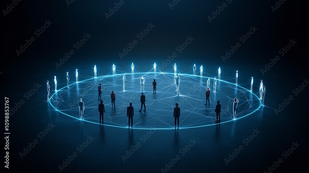 Poster Luminous 3D human figures connected in a graceful flowing circular digital web with glowing lines against a clean dark and mysterious background  This abstract futuristic
