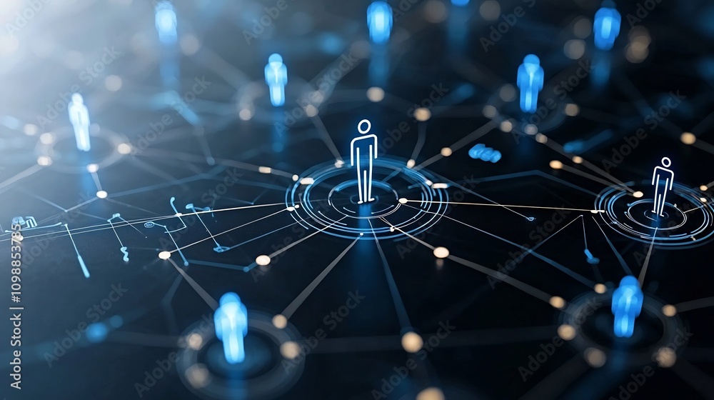 Poster Futuristic abstract digital of glowing 3D human figures connected in a luminous circular web over a clean black background representing technology connection and modern digital art