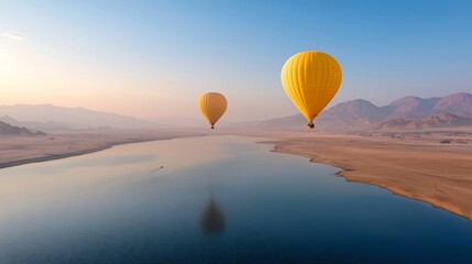 Obraz premium Majestic hot air balloons floating peacefully over a vast and serene desert landscape with travelers exploring the captivating scenery below