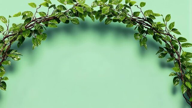 A vibrant green vine, with numerous leaves, is artfully arranged to form a half-circle or arch against a soft, pastel green backdrop