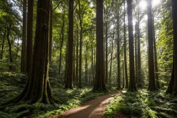 Fototapeta premium The trees stretch high into the sky, their thick trunks and branches creating a sense of grandeur. The air is fresh and crisp, and the peaceful atmosphere is undisturbed, with only the occasional rust