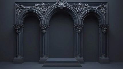 Obraz premium Elegant Dark Archway Columns Interior Design 3D Render Classic Architecture Stage Bac