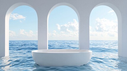 Fototapeta premium Serene Ocean View Bathroom Minimalist Tub Arched Windows Tranquil Sea