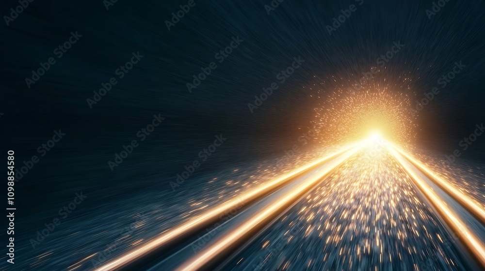 Poster Futuristic cityscape with high speed trains and advanced vehicles moving through glowing neon lit streets of a modern technologically advanced metropolis  This 3D rendered