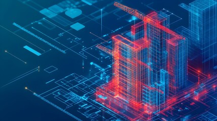 Fototapeta premium digital construction building information modeling bim concept with 3d model and blueprints vector illustration