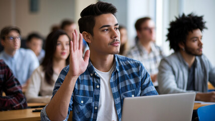 Fototapeta premium Student Raises Hand in Classroom Setting