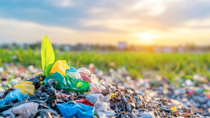 Fototapeta premium Exploring the potential of biodegradable materials in promoting environmental sustainability and regeneration during sunset