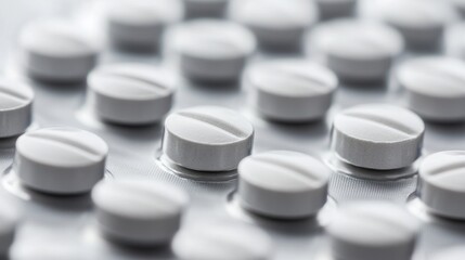 A close-up of medication tablets arranged neatly on a white surface, Medical style, photo of