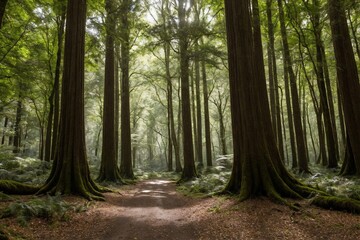 Obraz premium The trees stretch high into the sky, their thick trunks and branches creating a sense of grandeur. The air is fresh and crisp, and the peaceful atmosphere is undisturbed, with only the occasional rust