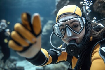 A young girl diver immersed in the stunning underwater world, surrounded by colorful coral formations, highlighting her connection to nature and the thrill of discovering the ocean's hidden treasures.