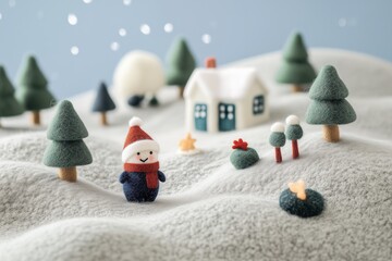 Paisagem de natal em miniatura com Papai Noel, renas e pinheiros cobertos de neve, estilo lúdico e colorido, criado por IA generativa.