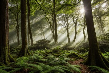 The trees stretch high into the sky, their thick trunks and branches creating a sense of grandeur. The air is fresh and crisp, and the peaceful atmosphere is undisturbed, with only the occasional rust