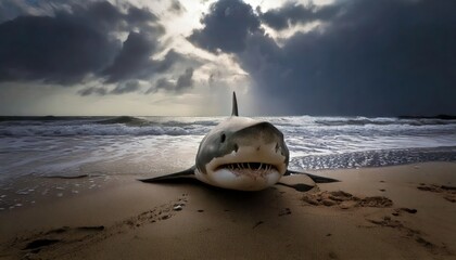 Obraz premium Great white shark underwater shark's mouth is open with small colors fish around 