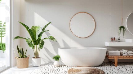 Fototapeta premium Modern bathroom with tropical plants and natural lighting