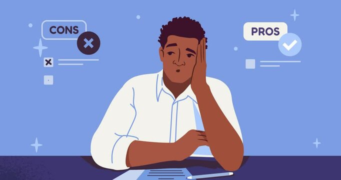 Person with pros and cons. Moving banner with man with doubt. Dilemma and confusion. Young guy makes decision and solution. Analysis and comparison. Cartoon flat animated graphics