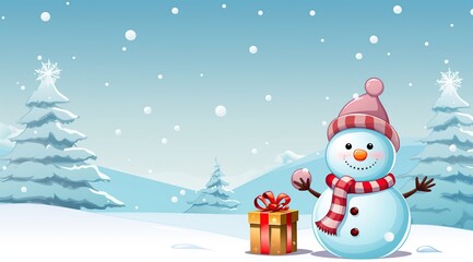 Fototapeta premium Snowman with christmas gift in winter landscape wallpaper. Cartoon illustration.