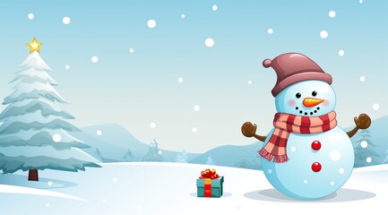 Fototapeta premium Snowman with christmas gift in winter landscape wallpaper. Cartoon illustration.