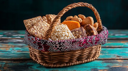 Wicker Basket Full of Delicious Snacks on a Turquoise Wooden Table