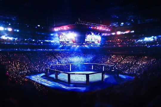 Professional mma octagon cage inside a big stadium with fans cheering during championship night