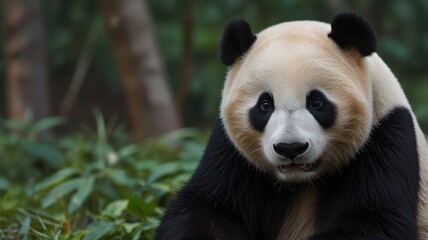 Naklejka premium Close-up of a giant panda sitting amidst lush green bamboo.