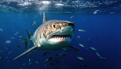 Fototapeta premium Great white shark underwater shark's mouth is open with small colors fish around 