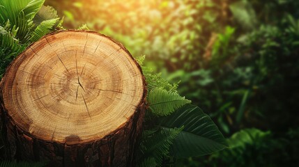 the environment deforestation clean energy Concept. A close-up of a tree stump surrounded by lush green foliage, illuminated by warm sunlight filtering through the forest.