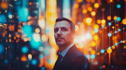 Obraz premium Smart digital Innovation city with connection network reciprocity over the sunset cityscape. of future wireless digital city and social media networking systems that connects people with in city