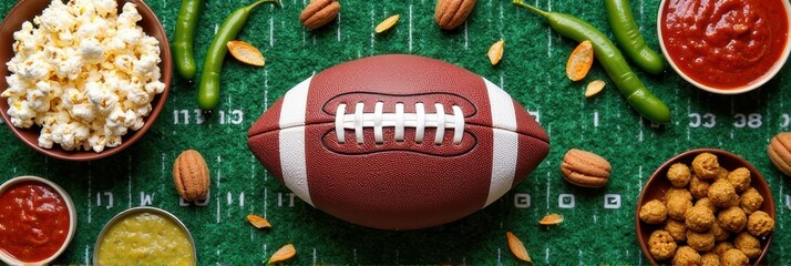 American football with snacks on field-themed tablecloth