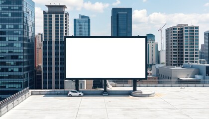 Obraz premium A large blank billboard stands on a rooftop surrounded by modern buildings, presenting an opportunity for advertising in an urban setting.