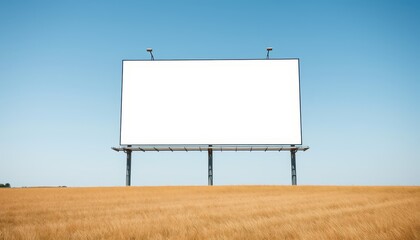 Obraz premium A blank billboard stands in a golden field under a clear blue sky, offering a canvas for advertisements or messages.