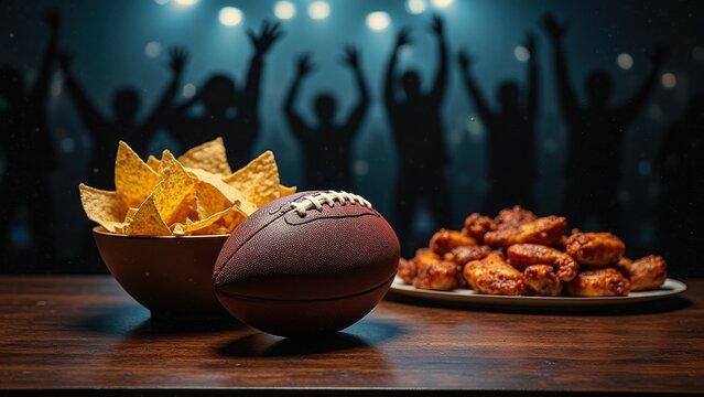 Game night snacks: football with nachos and wings against cheering crowd
