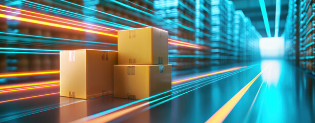 Efficient warehouse scene with stacked boxes and vibrant light trails. image captures essence of logistics and storage, showcasing dynamic environment of modern warehouse